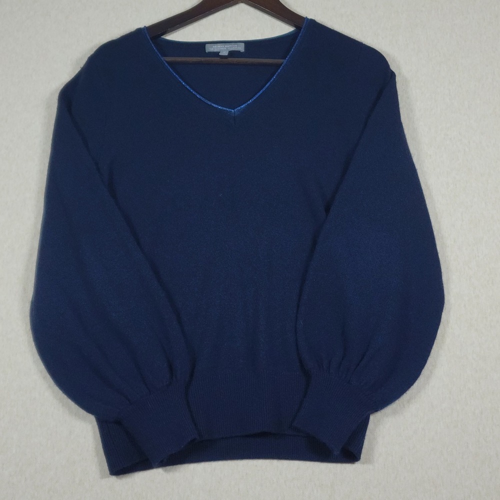 Neiman Marcus Cashmere Sweater Womens Medium Blue V Neck Metallic Trim Pullover